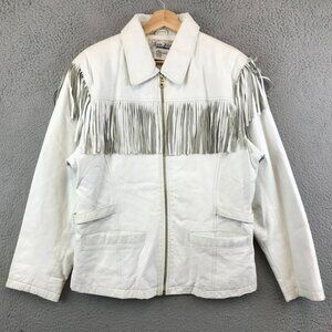 Vintage Vanna White Fringe Leather Jacket Western Biker size L white